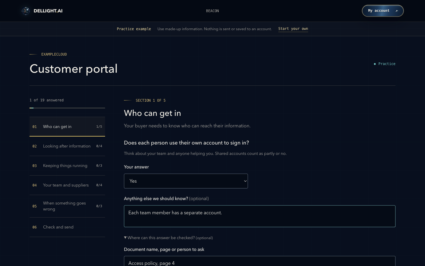 Real BEACON questionnaire with guidance, an answer and a supporting reference. Fictional information.