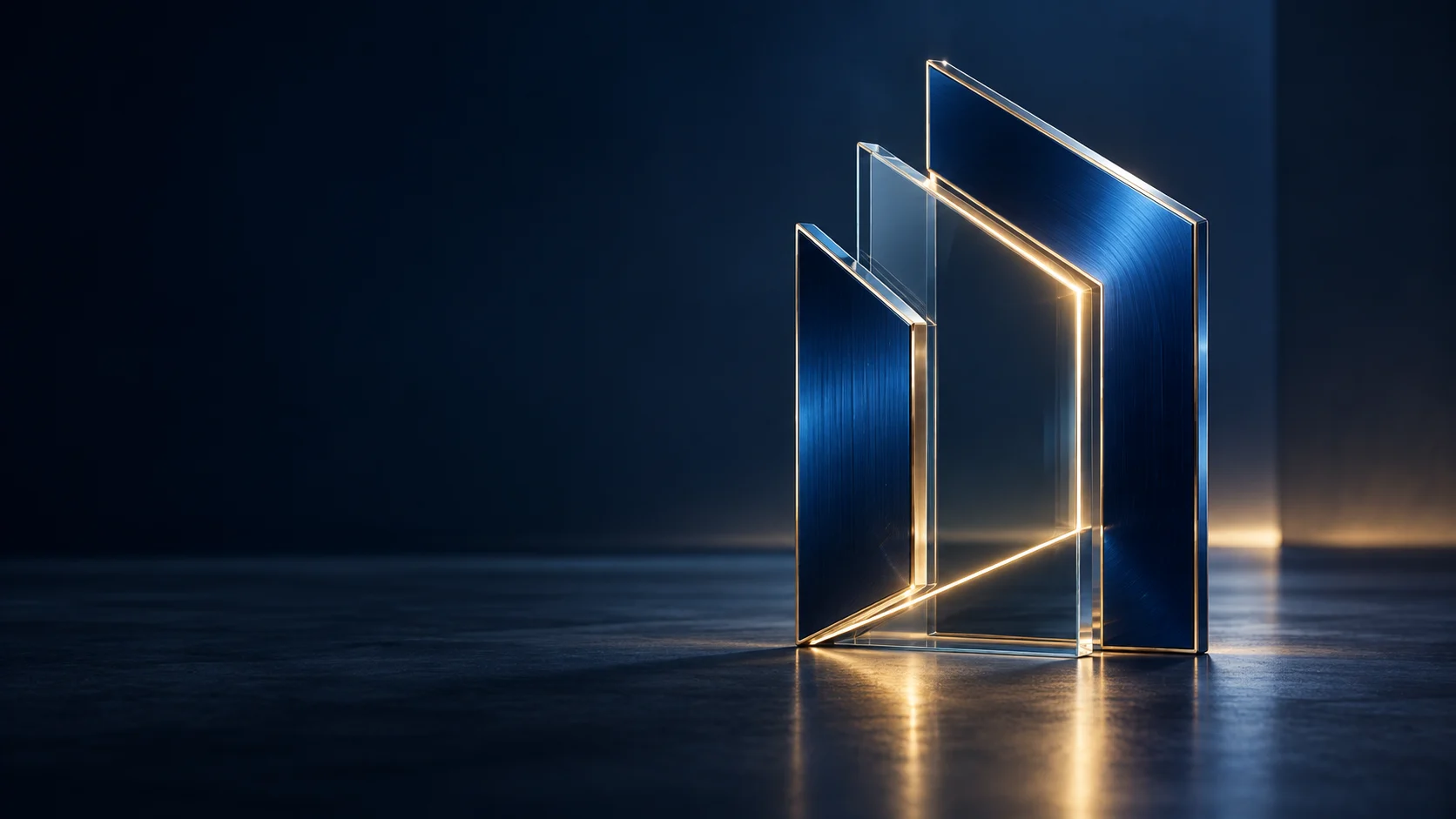 Optical glass and brushed cobalt planes aligned along a precise line of light.