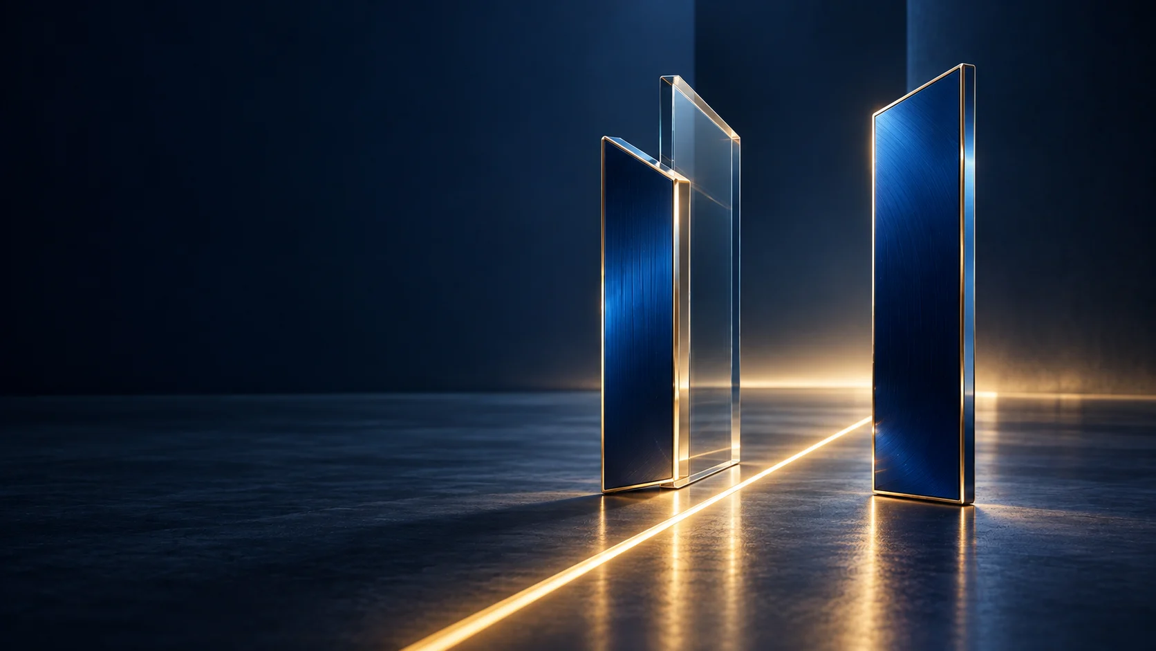 An illuminated architectural path through aligned glass and cobalt planes.