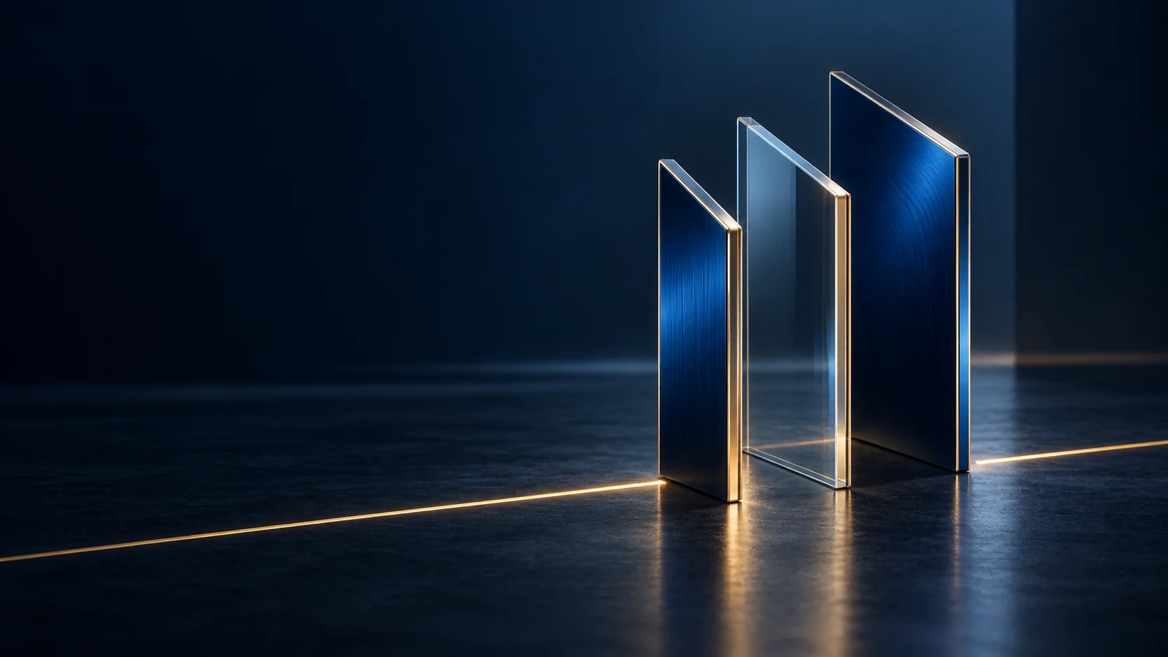 Offset glass and cobalt planes, with a line of light interrupted between them.